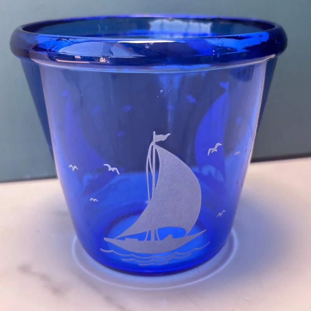 Vintage Hazel Atlas Cobalt Blue Glass Sailboat Ice Bucket Cocktail Mixer